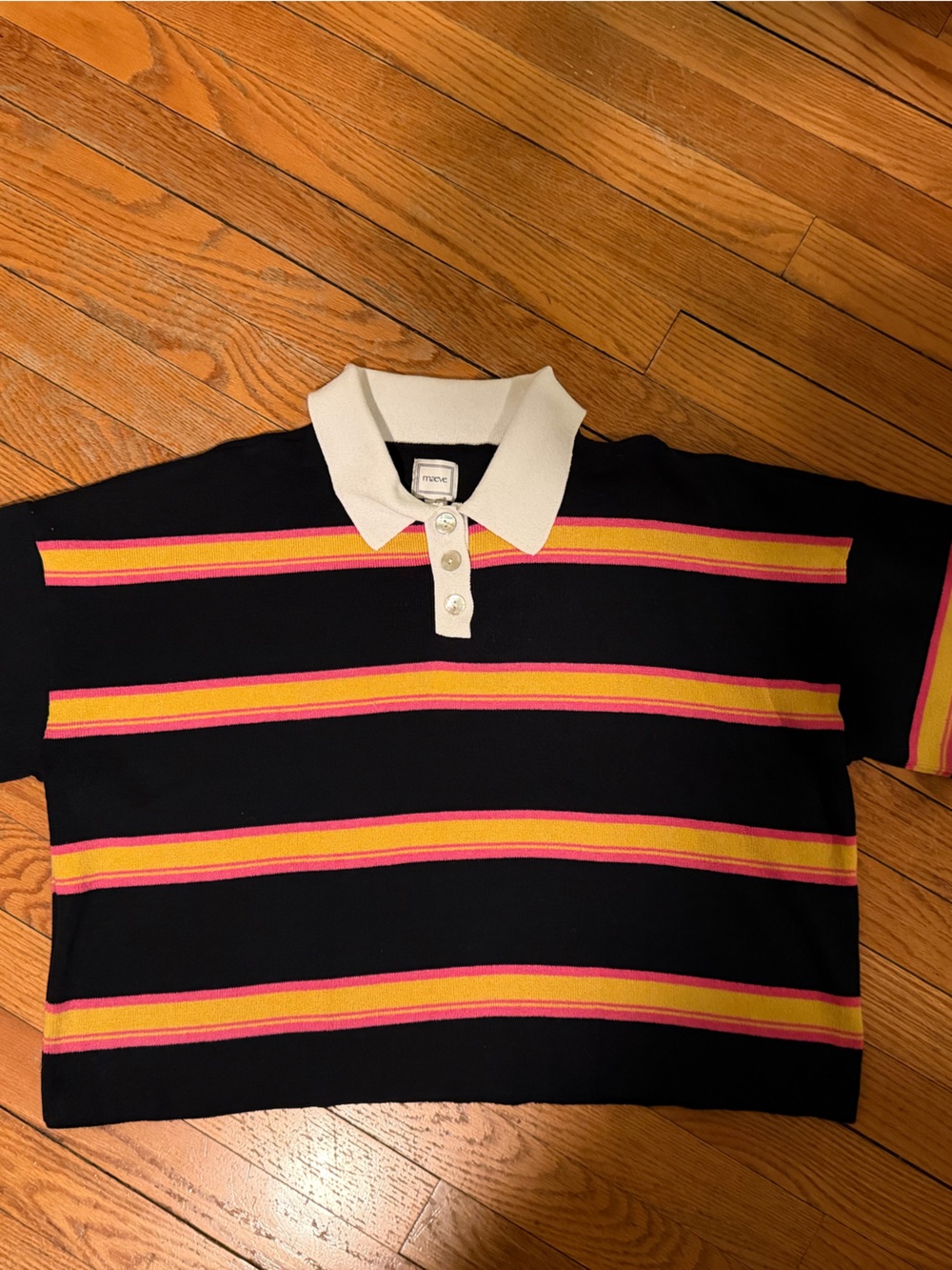 Maeve navy Knit Top with Pink and Yellow Stripe Detail NWT